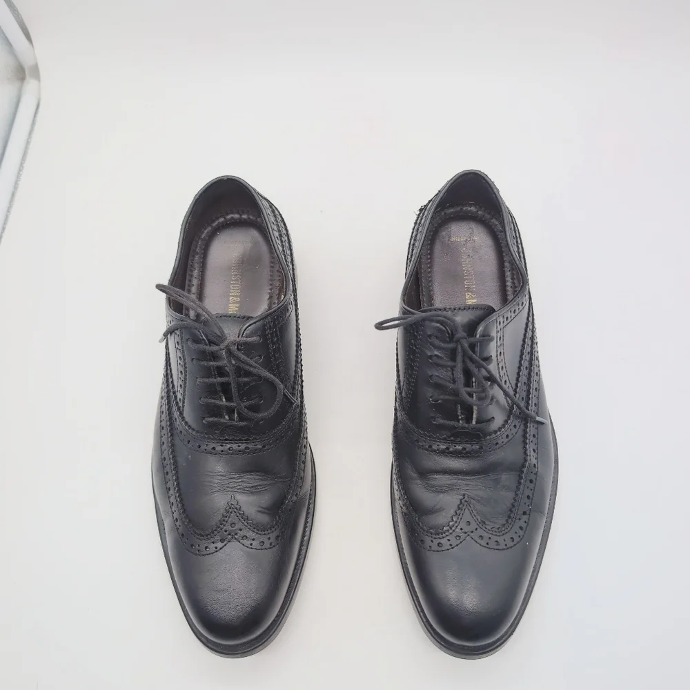Johnston And Murphy Sz 9.5 Black Sheepskin Leather Duvall Oxford Wingtip Shoes